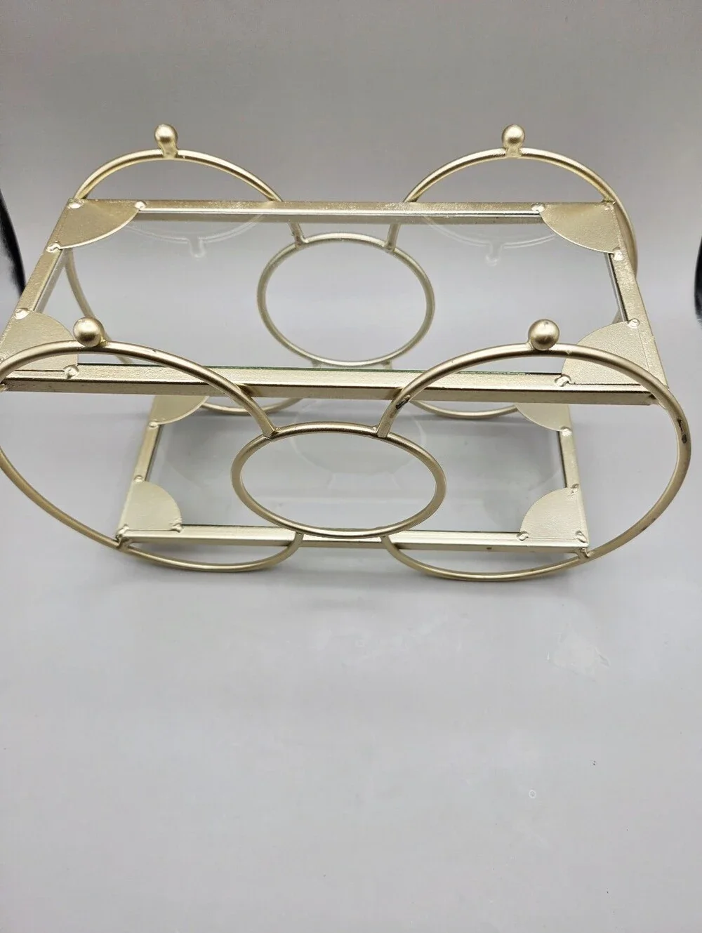 Gold Metal Organizer with Two Glass Shelves